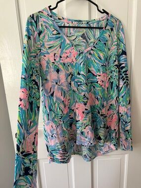 Lilly Pulitzer Floral V-Neck Long Sleeve Top in Pink, Blue, Green